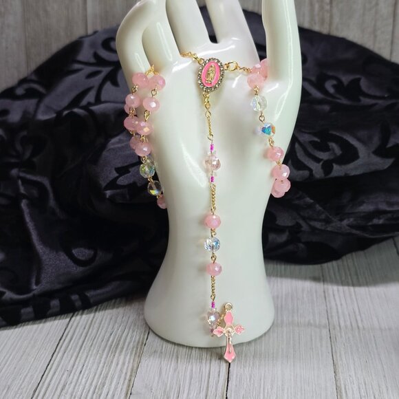 Handcrafted Pink and Gold Delicate and Elegant Aurora Rosary Christmas Gift - Picture 1 of 10
